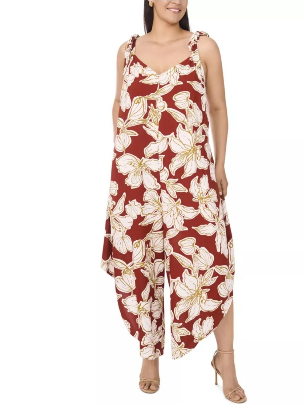 Vince Camuto Red Floral Tie-Shoulder Wide-Leg Jumpsuit